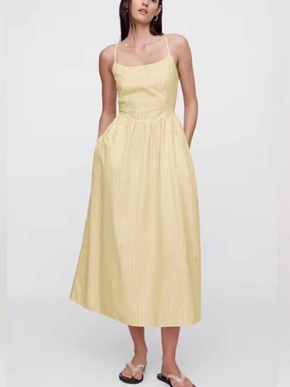 Gap Pale Yellow Striped Spaghetti-Strap Midi Dress